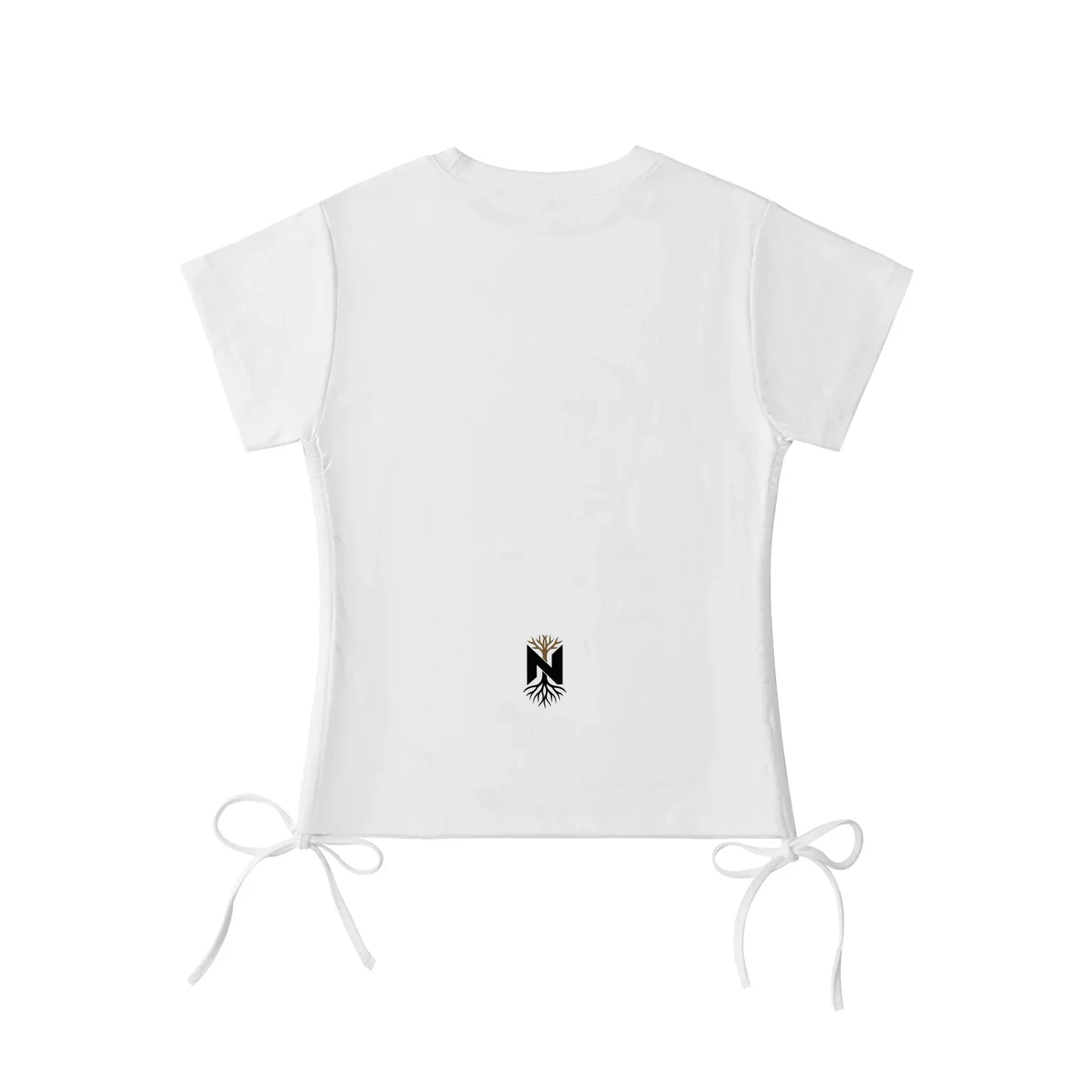 White athletic t-shirt with side drawstrings and black N logo on lower back