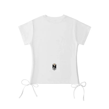 White athletic t-shirt with side drawstrings and black N logo on lower back