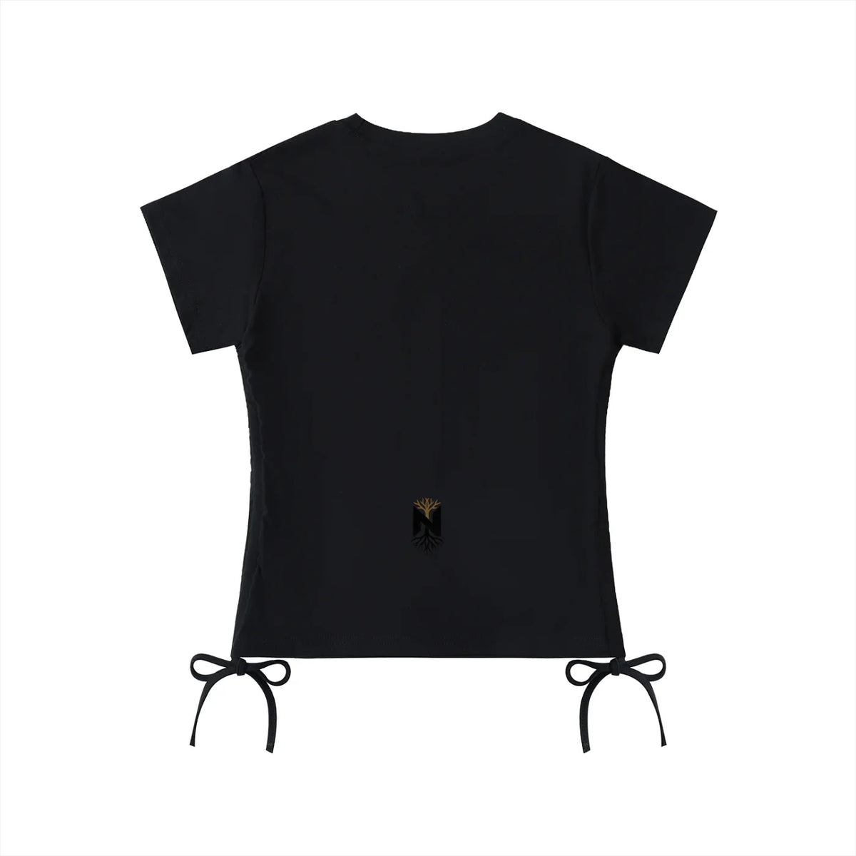 Black athletic t-shirt with gold logo, short sleeves, side tie details, back view