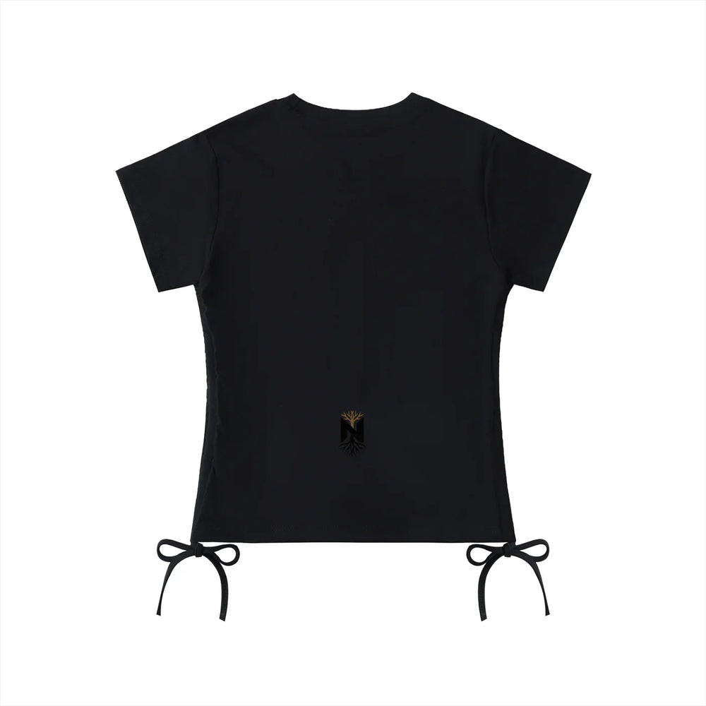 Black athletic t-shirt with gold logo, short sleeves, side tie details, back view