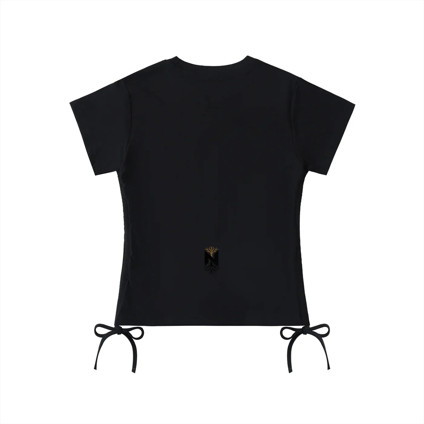 Black athletic t-shirt with gold logo, short sleeves, side tie details, back view
