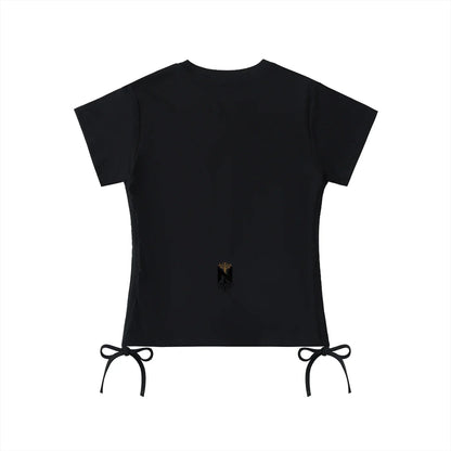 Black athletic t-shirt with gold logo, short sleeves, side tie details, back view