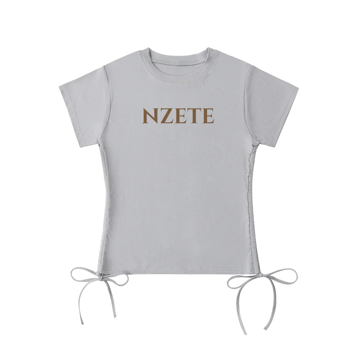 Light grey athletic t-shirt with side drawstrings and bold NZETE text on chest
