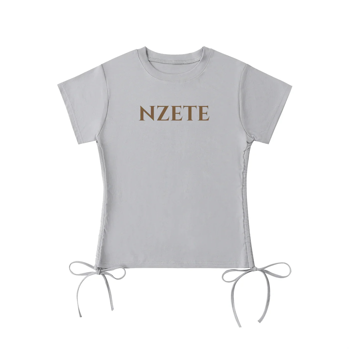 Light grey athletic t-shirt with side drawstrings and bold NZETE text on chest