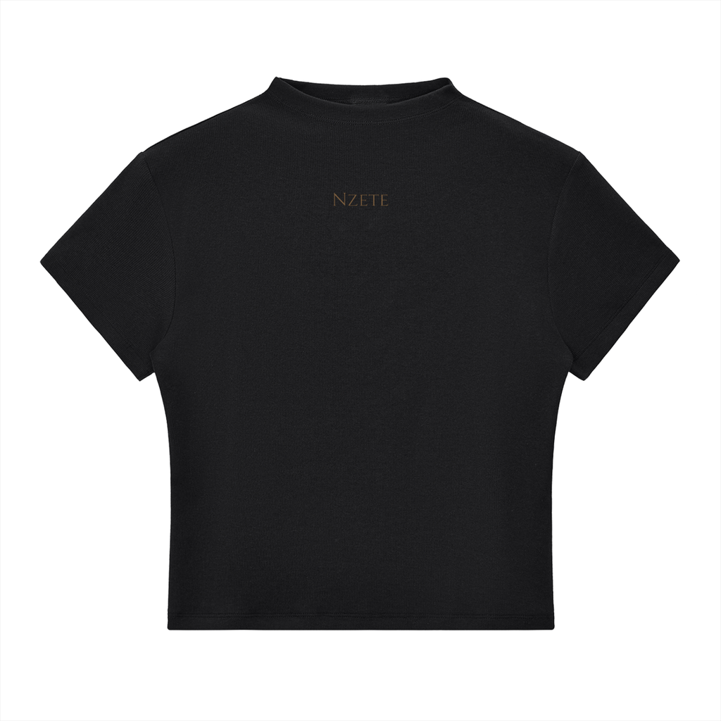 Black cropped athletic t-shirt with short sleeves and gold NZETE text on the upper back