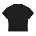Black cropped athletic t-shirt with short sleeves and gold NZETE text on the upper back
