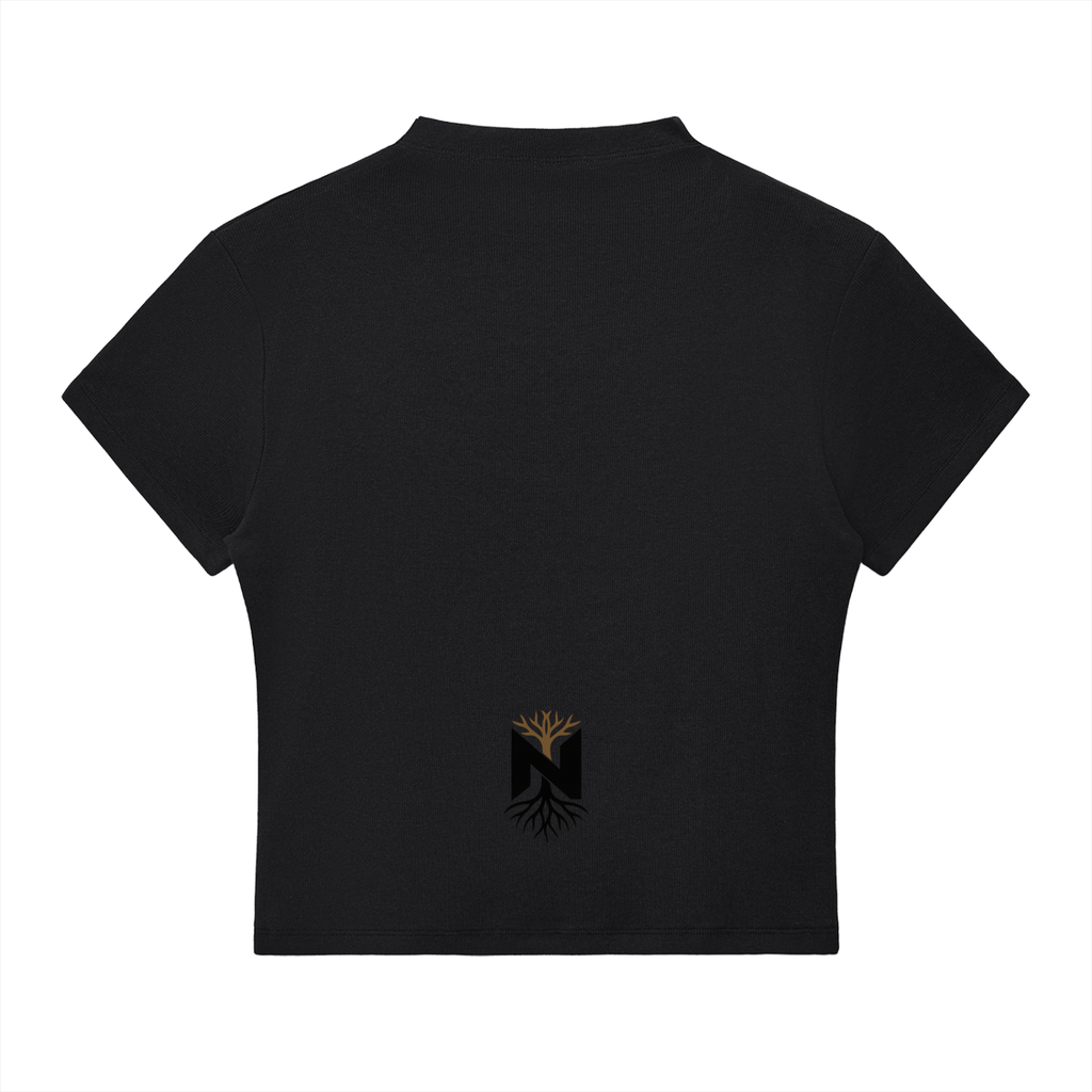 Black cropped athletic t-shirt with gold and black tree emblem on lower back