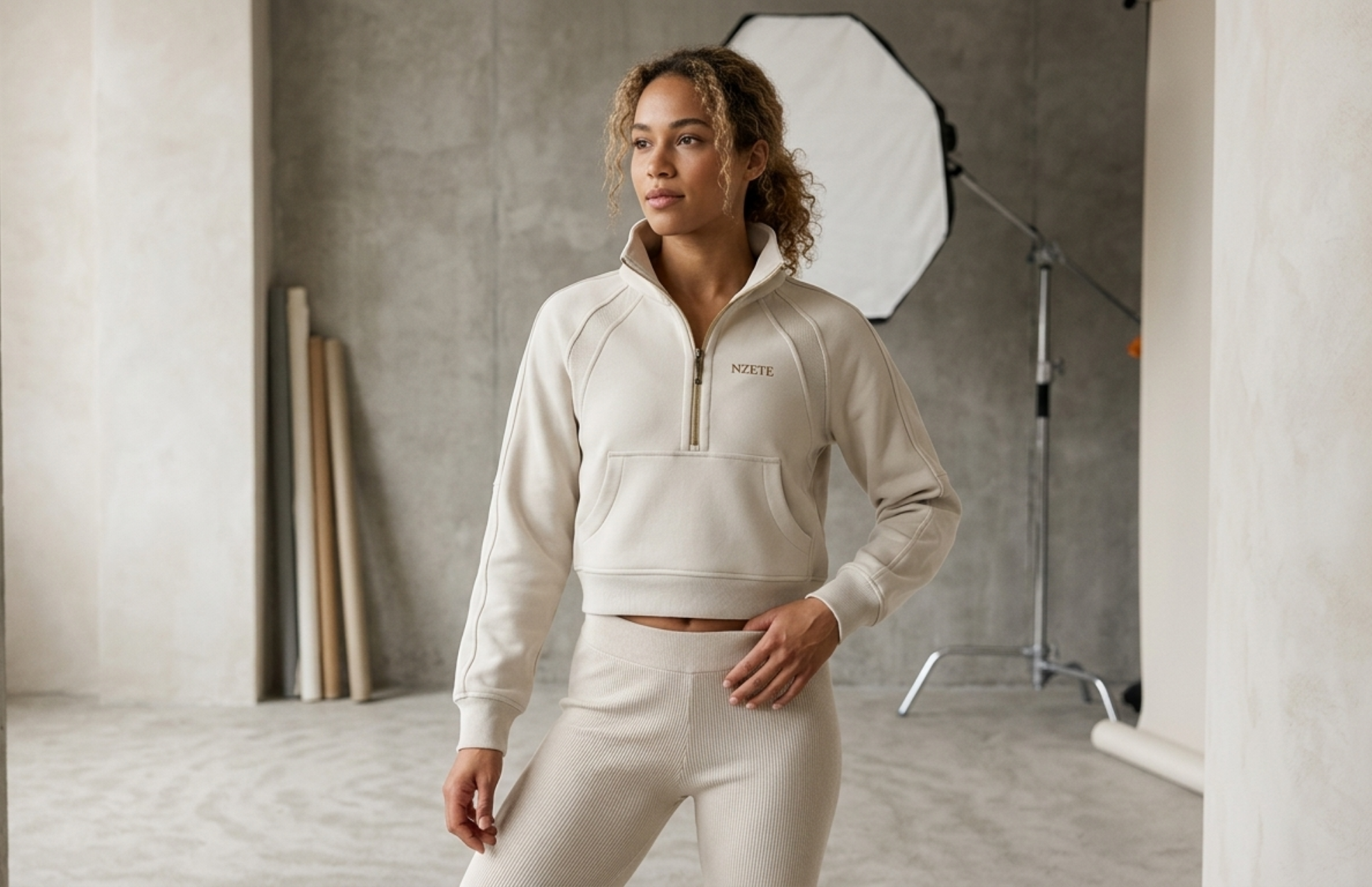 Woman wearing beige athletic quarter-zip pullover and leggings in modern studio setting