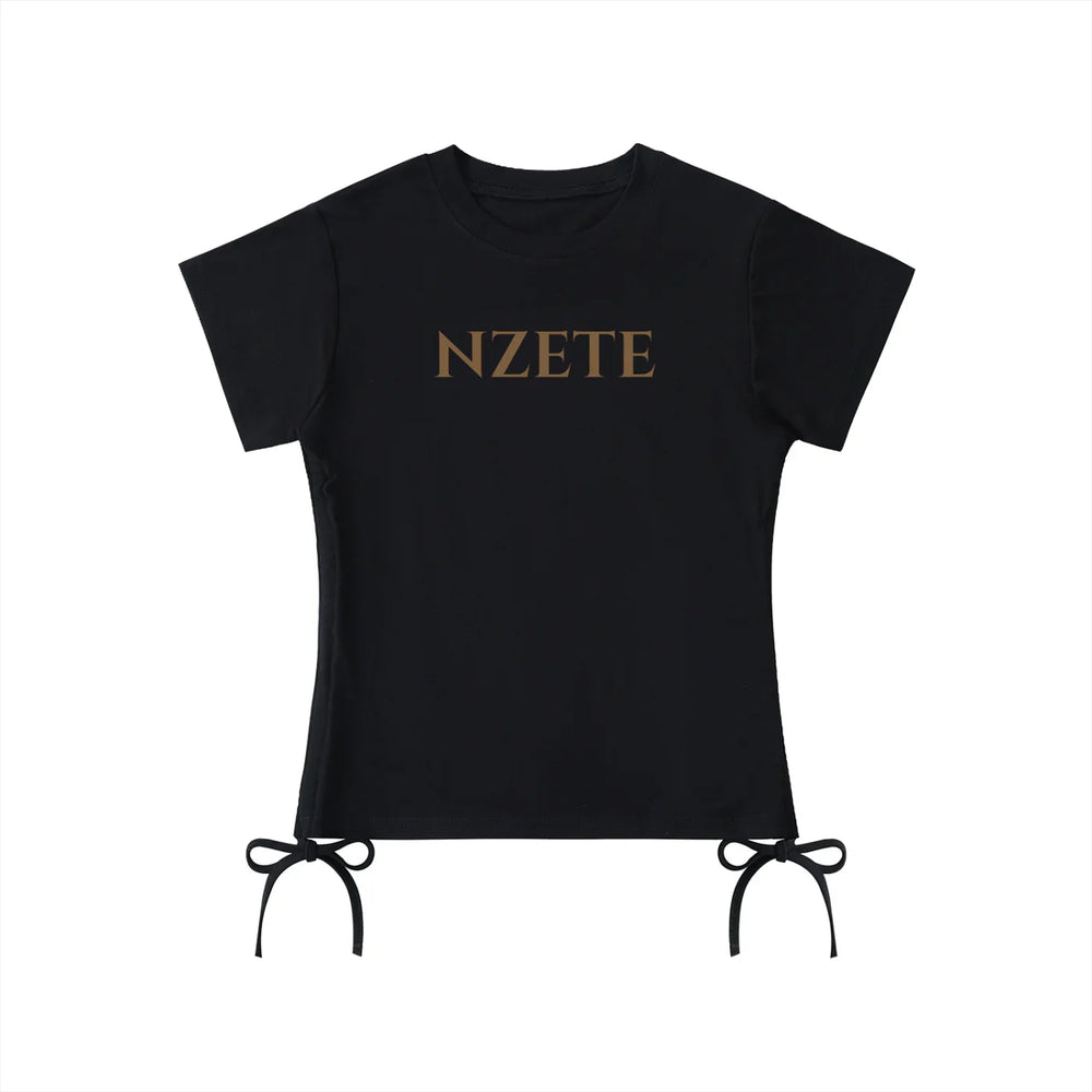 Black athletic t-shirt with NZETE logo and side tie details, short sleeves, flat lay