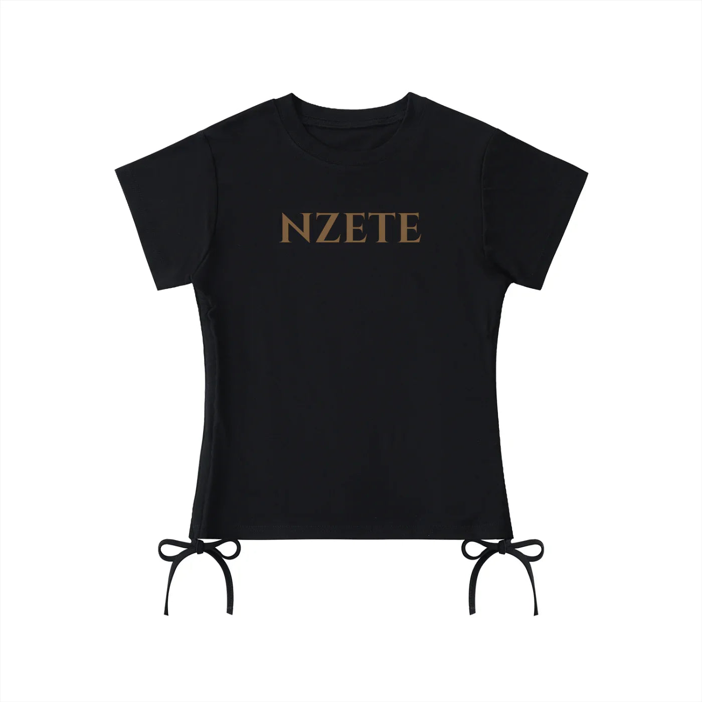 Black athletic t-shirt with NZETE logo and side tie details, short sleeves, flat lay