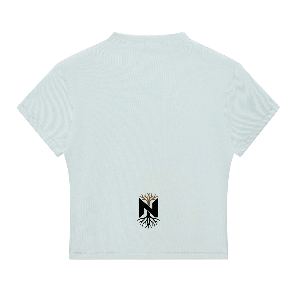 White cropped athletic t-shirt back view with black and gold tree roots logo