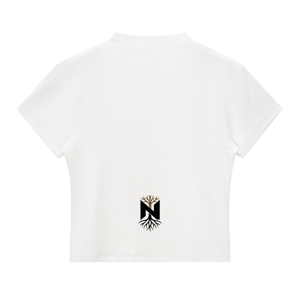 White athletic crop top with short sleeves and a black root and tree logo on the lower back