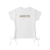 White athletic t-shirt with NZETE text and side drawstring ties, laid flat on white background