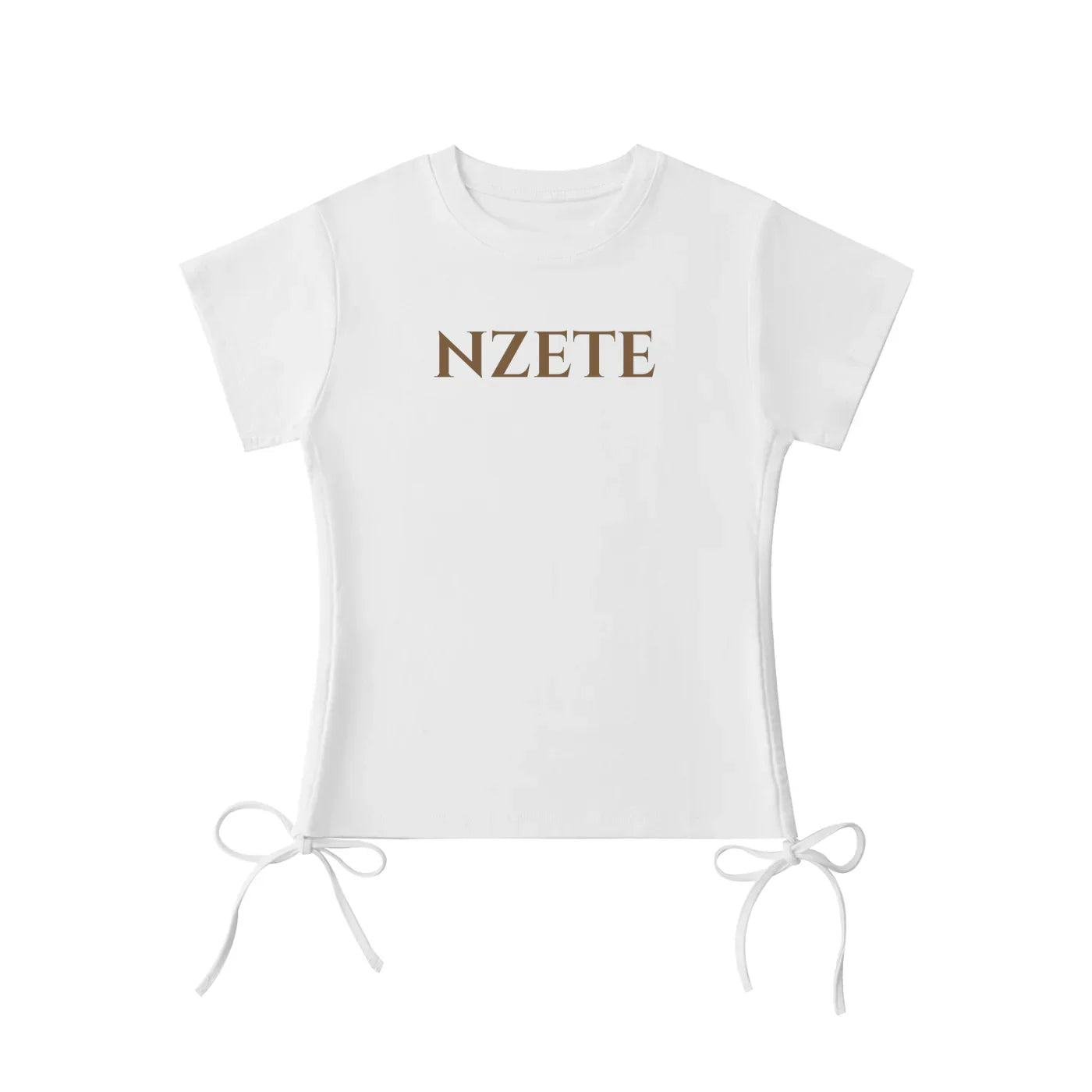 White athletic t-shirt with NZETE text and side drawstring ties, laid flat on white background