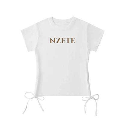 White athletic t-shirt with NZETE text and side drawstring ties, laid flat on white background