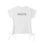 White athletic t-shirt with NZETE text and side drawstring ties, laid flat on white background