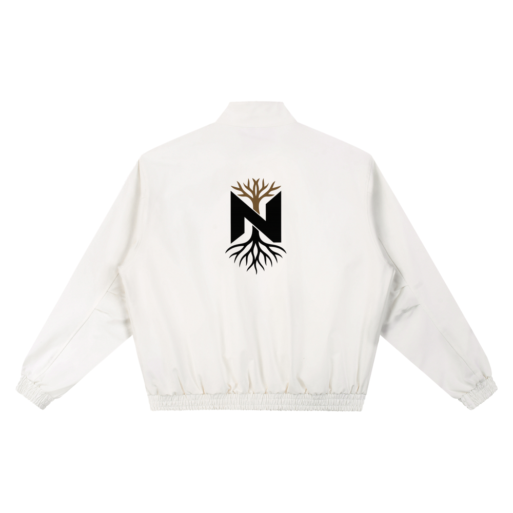 White athletic jacket with black letter N and tree roots logo on back