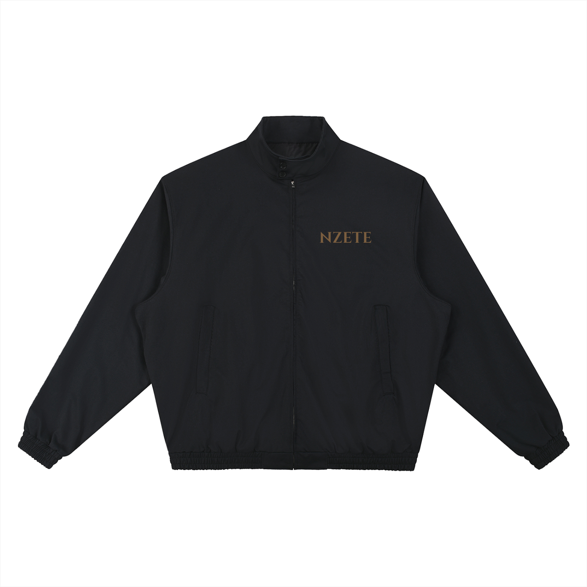 Black athletic zip-up jacket with gold NZETE logo, high collar, and elastic cuffs