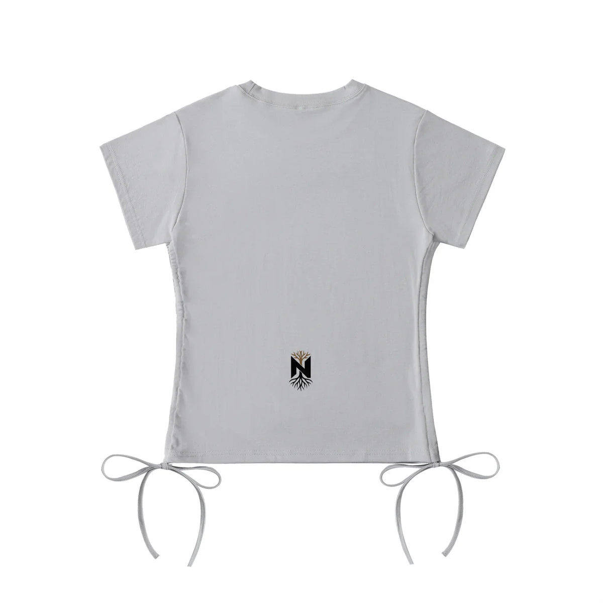 White athletic t-shirt with short sleeves, side drawstring ties, and black N emblem on back