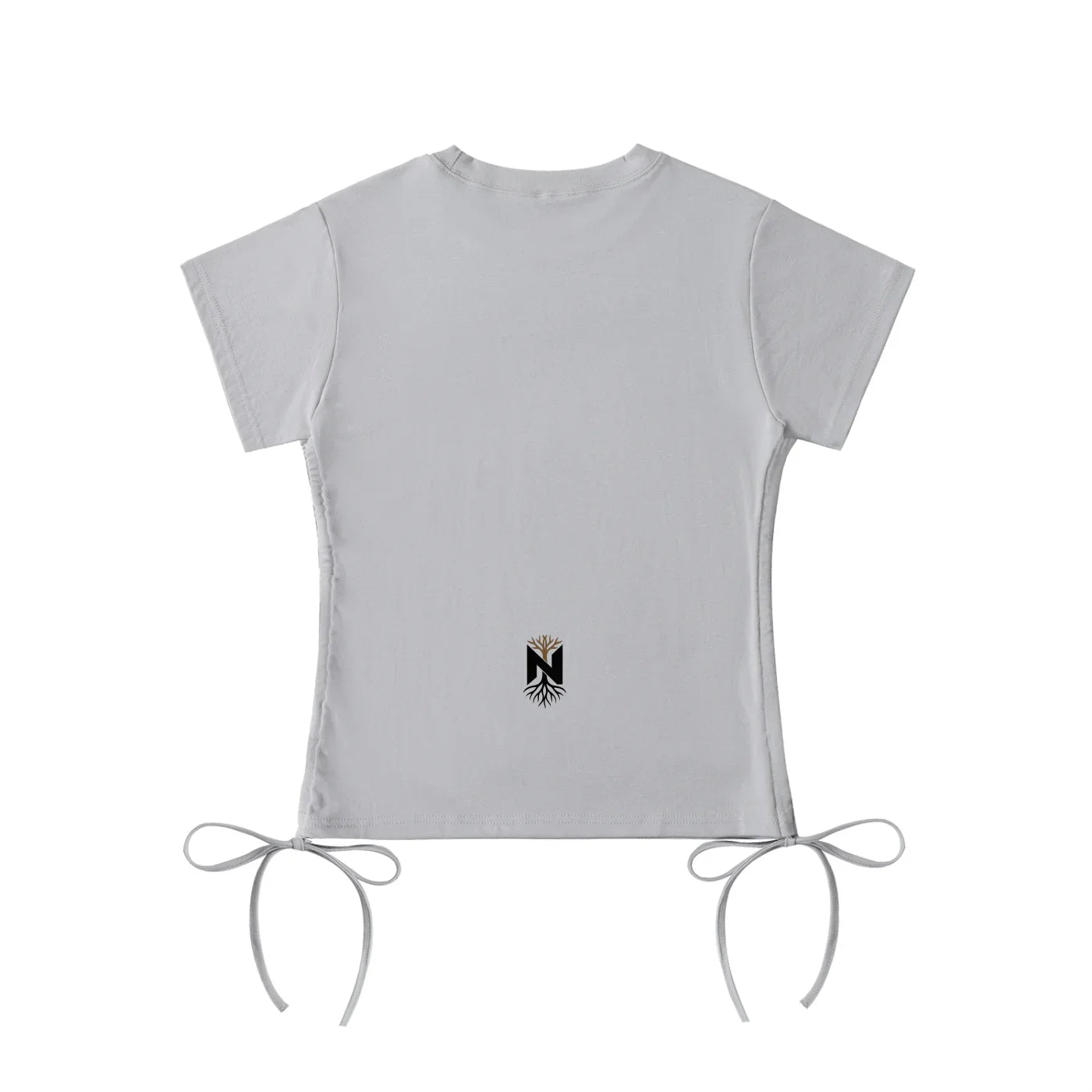 White athletic t-shirt with short sleeves, side drawstring ties, and black N emblem on back