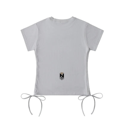 White athletic t-shirt with short sleeves, side drawstring ties, and black N emblem on back
