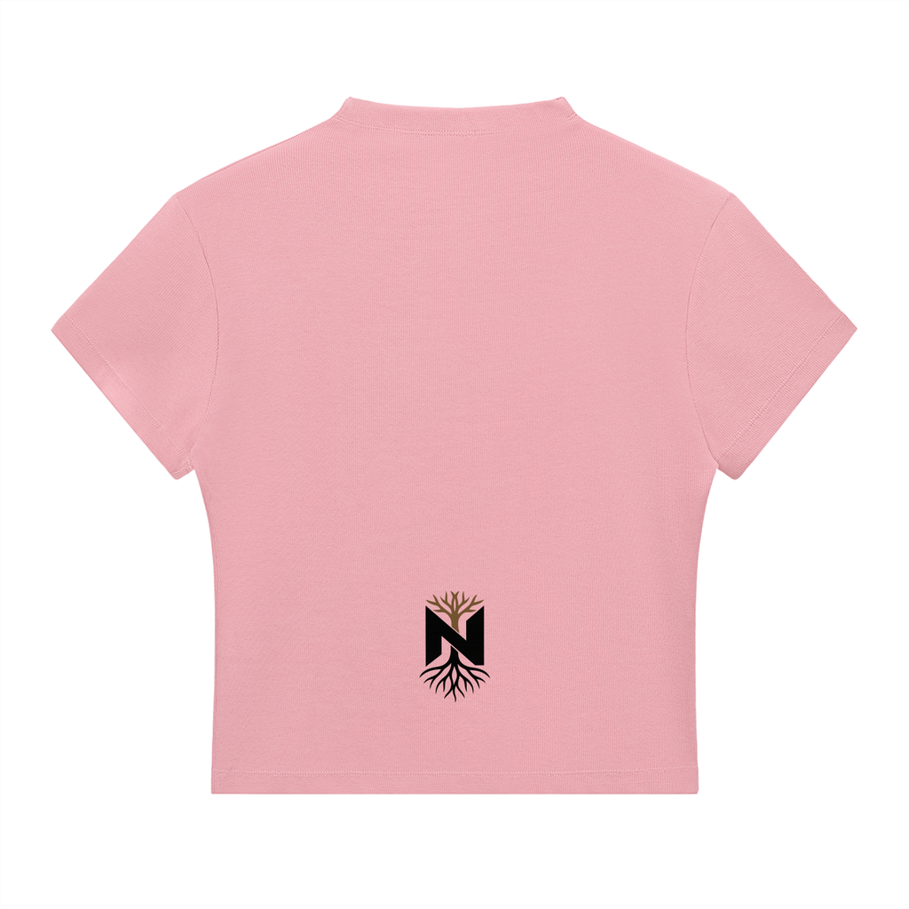 Pink athletic cropped t-shirt with black tree logo and roots on back hem