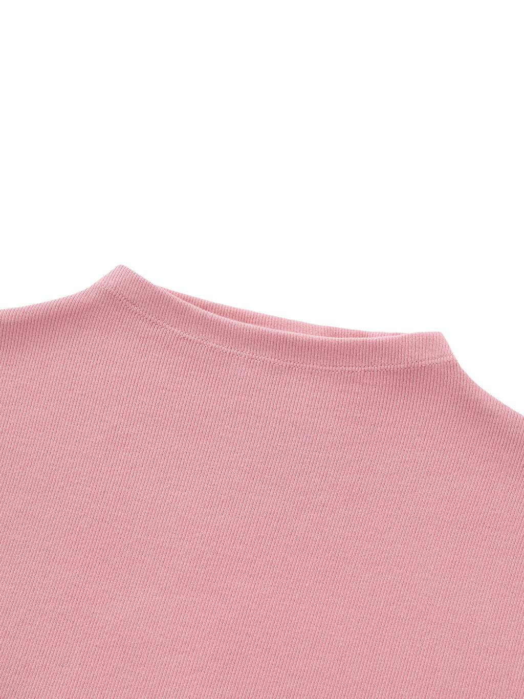 Close-up of pink ribbed knit crew neck athletic shirt back view