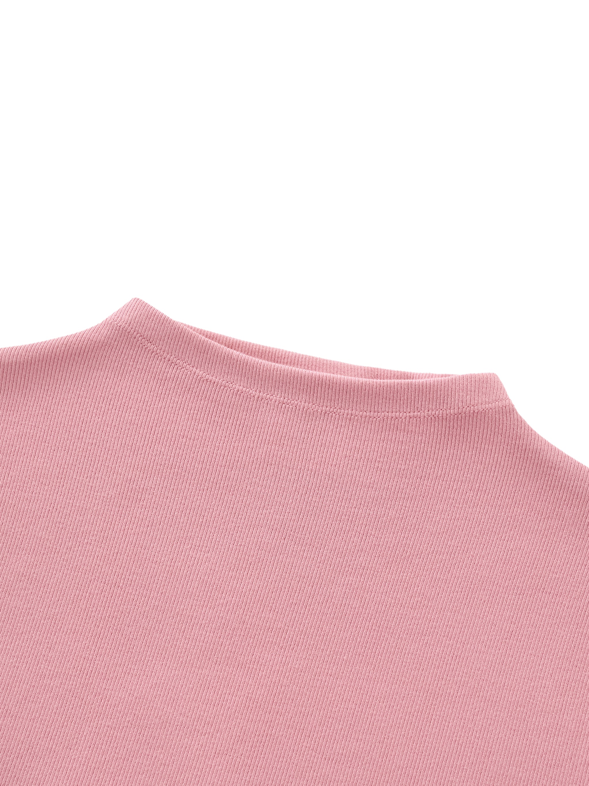 Close-up of pink ribbed knit crew neck athletic shirt back view