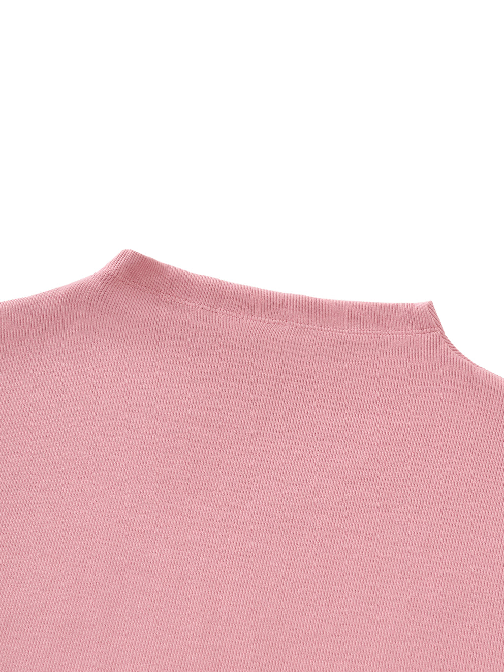 Close-up of pink ribbed athletic top with mock neck detail