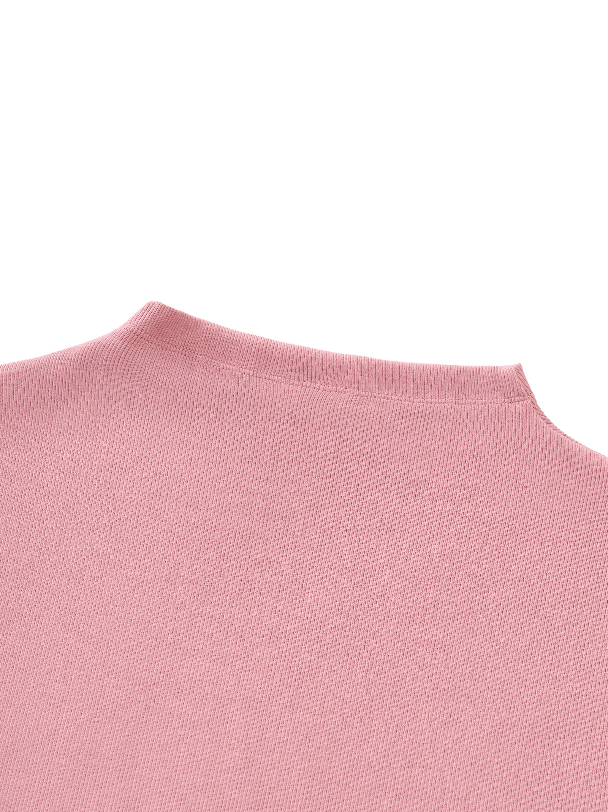 Close-up of pink ribbed athletic top with mock neck detail