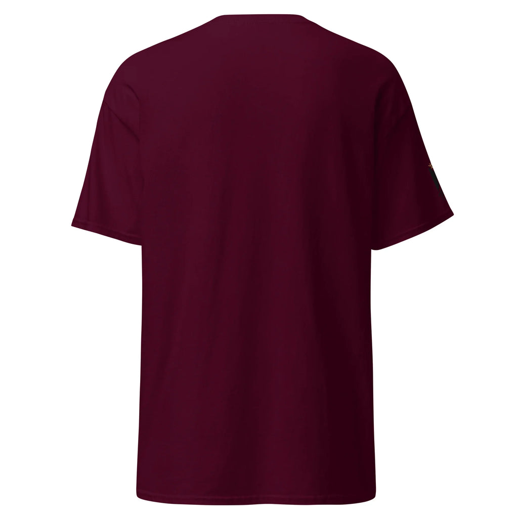 Back view of plain maroon unisex athletic t-shirt with short sleeves