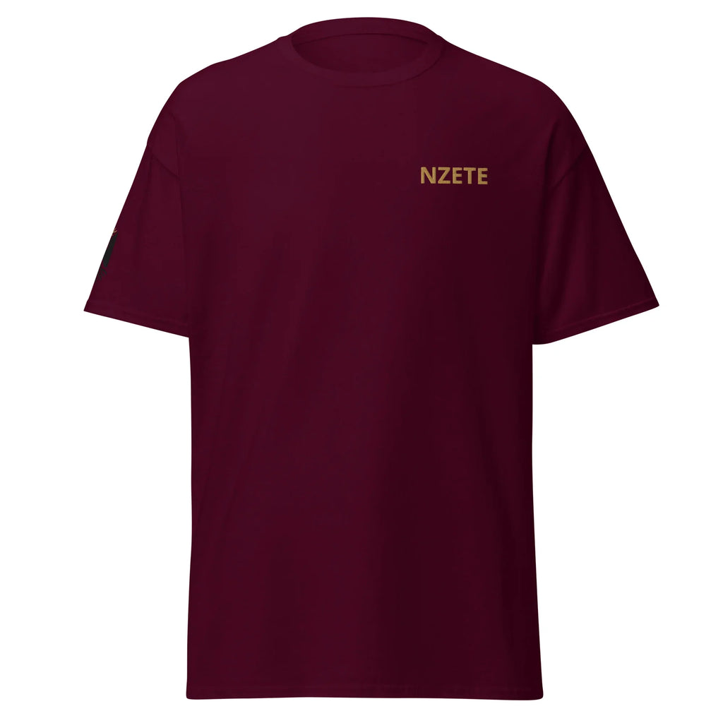 Unisex maroon classic athletic tee with gold text on front chest, short sleeves