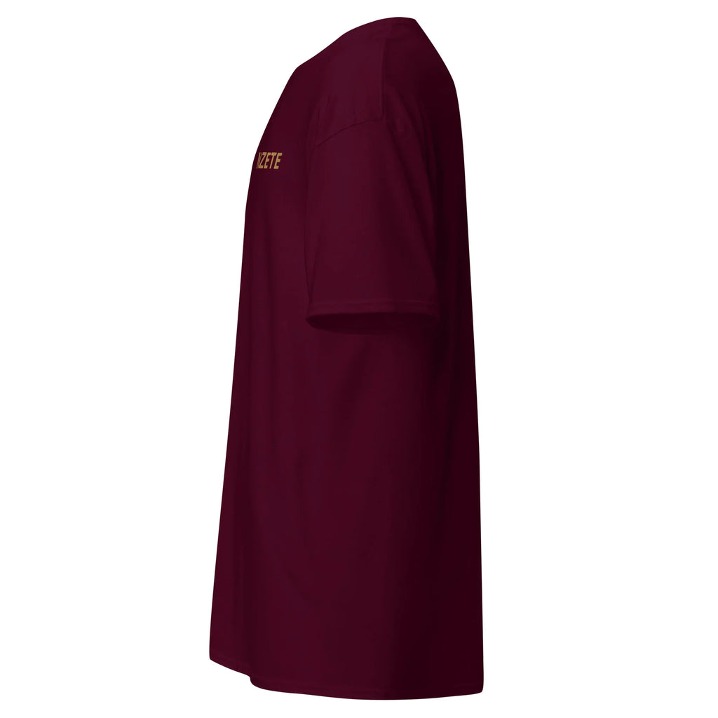 Unisex classic maroon athletic t-shirt, left side view, short sleeve, minimalist design