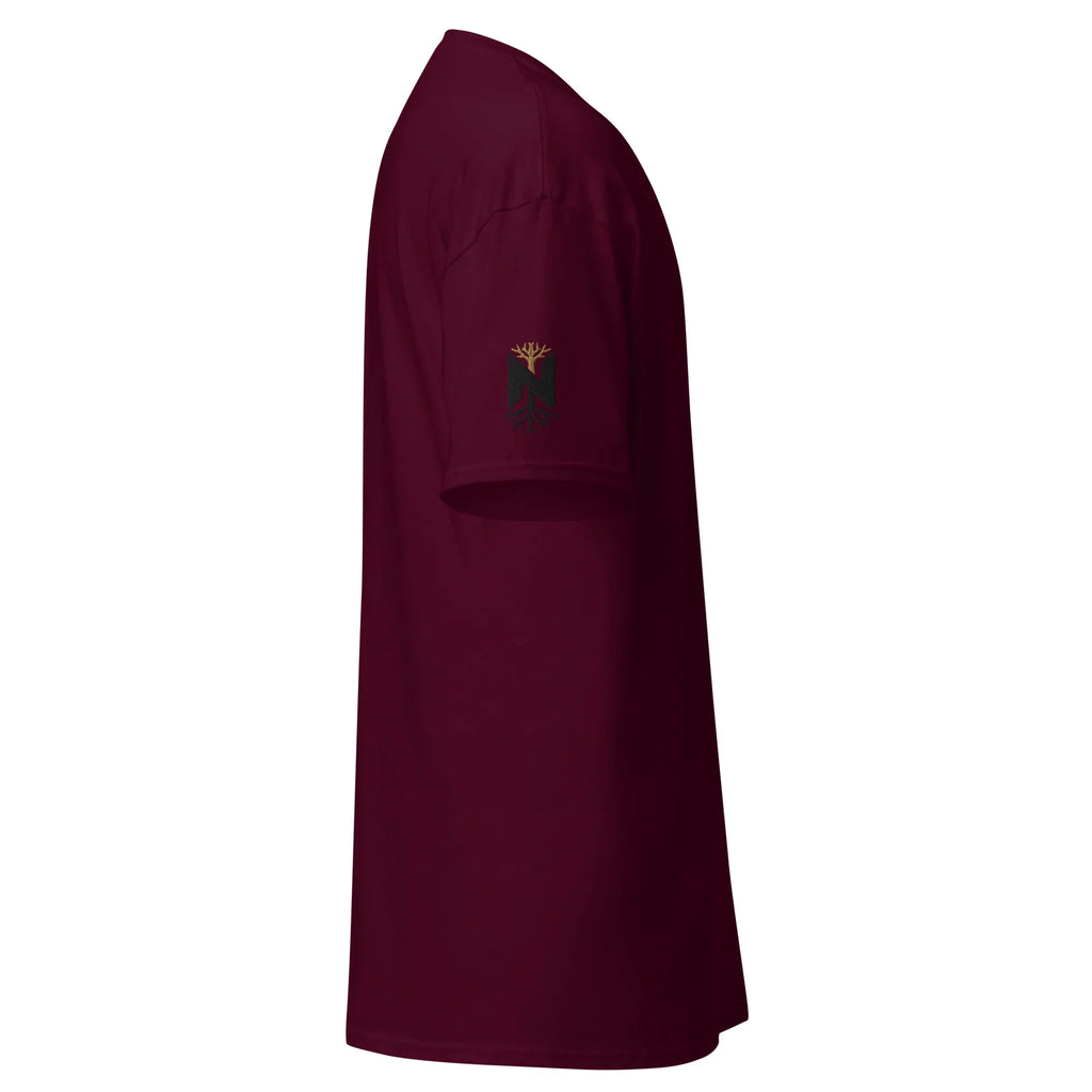 Unisex maroon classic tee, right side view, with small tree emblem on sleeve