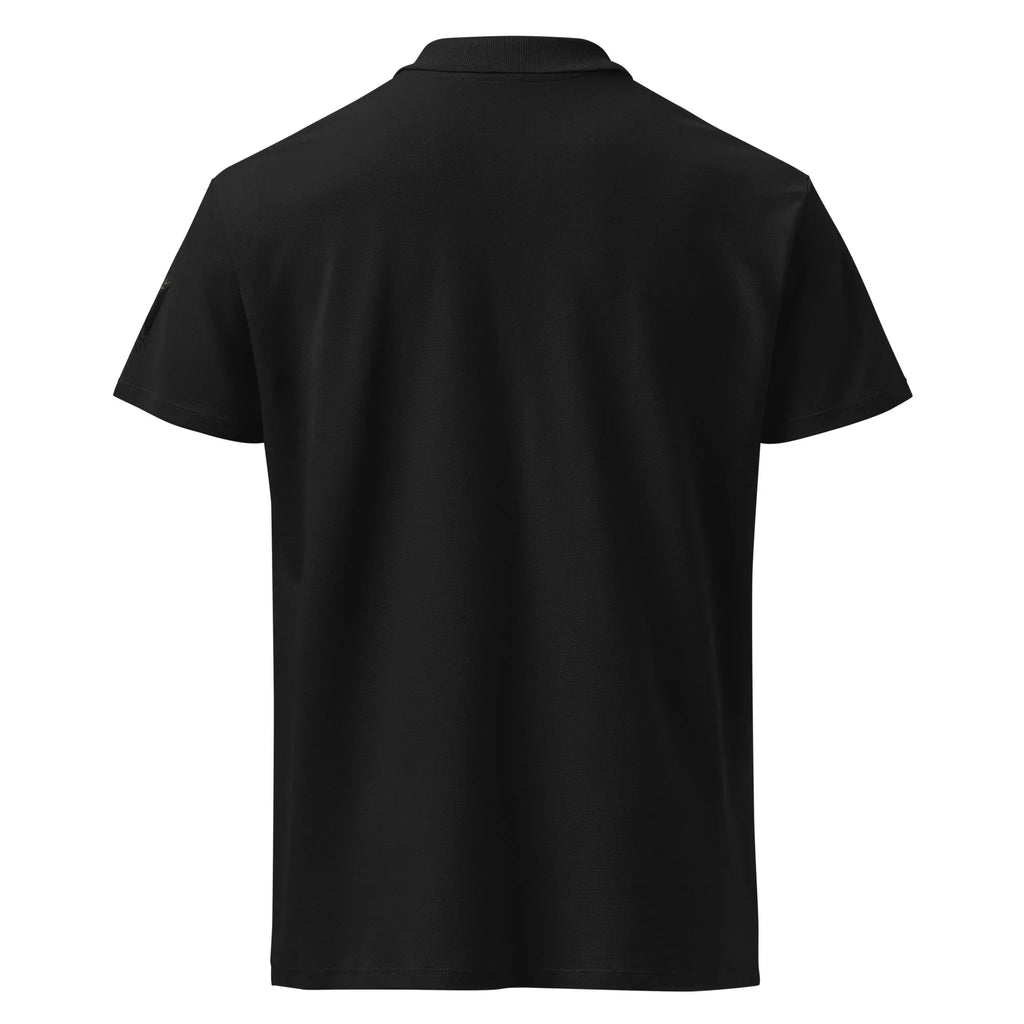 Back view of a unisex black premium pique polo shirt with short sleeves