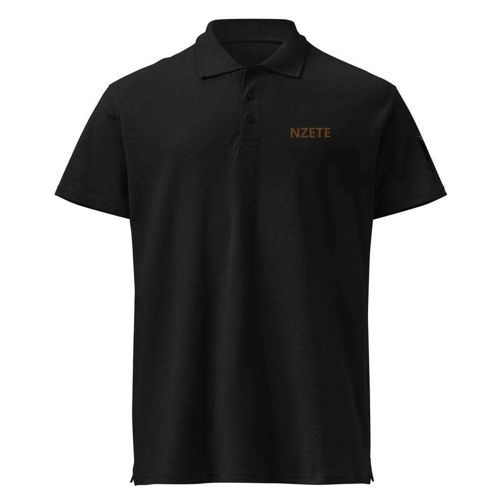 Unisex black premium pique polo shirt with short sleeves and chest logo
