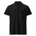 Unisex black premium pique polo shirt with short sleeves and chest logo
