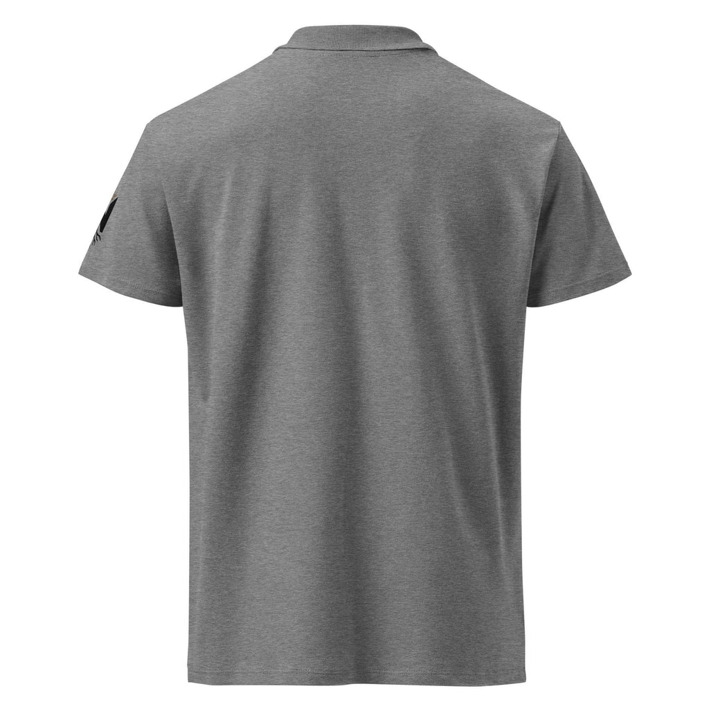 Back view of unisex premium grey melange pique polo shirt with short sleeves