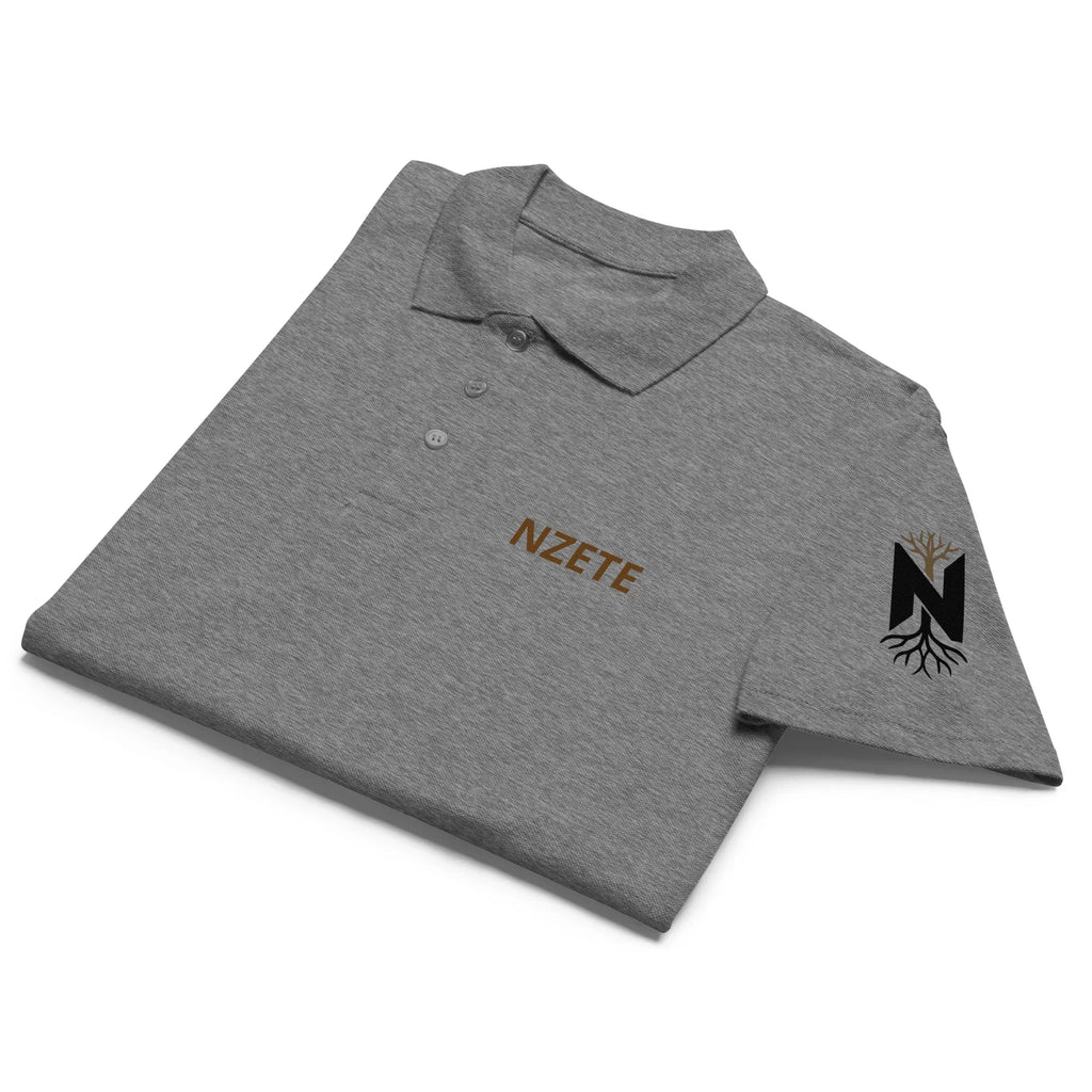 Folded grey melange unisex polo shirt with front and sleeve logo embroidery