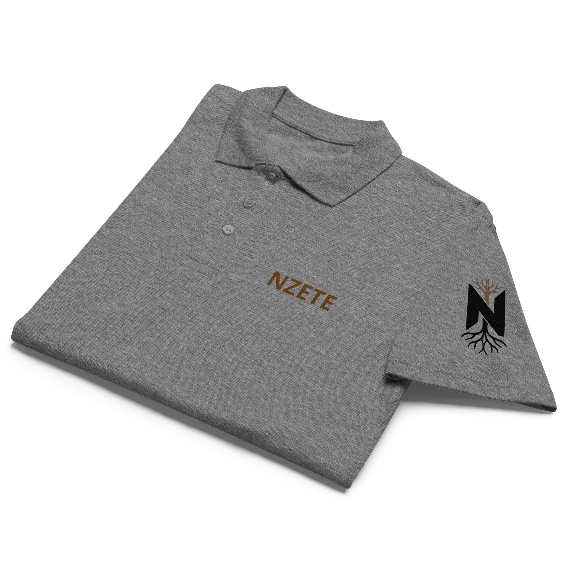 Folded grey melange unisex polo shirt with front and sleeve logo embroidery