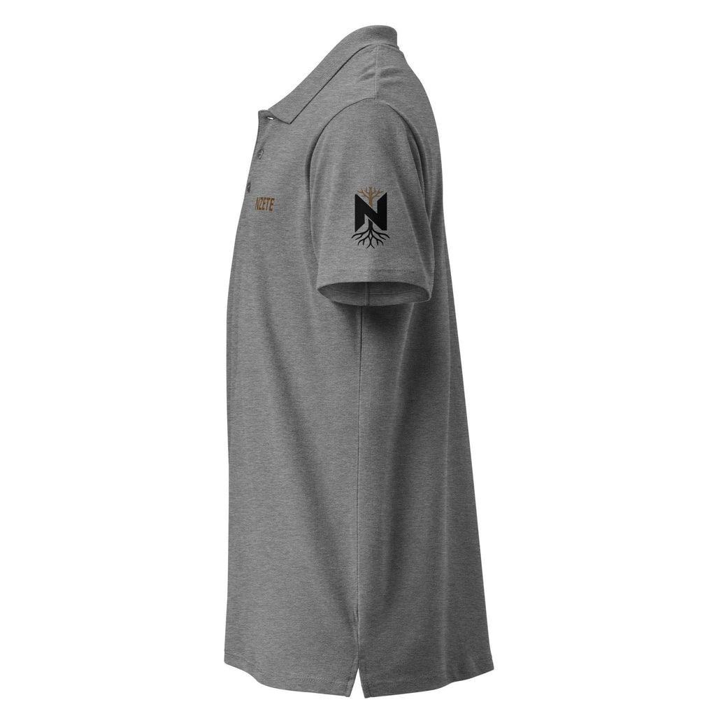 Grey melange unisex premium pique polo shirt, short sleeves, logo on sleeve, side view