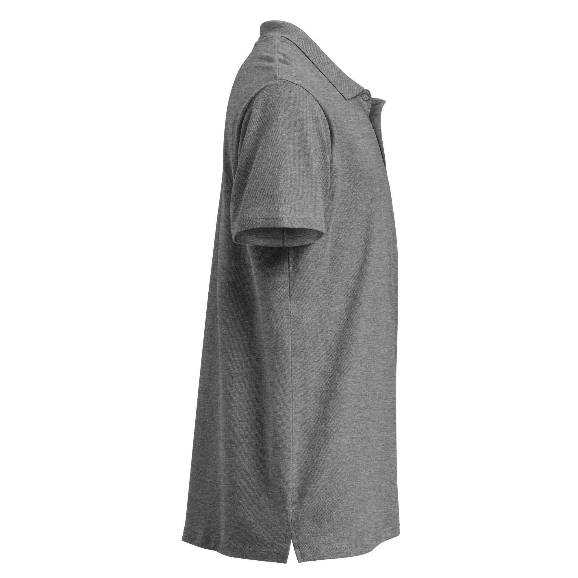 Unisex grey melange premium pique polo shirt side view, short sleeves, classic collar