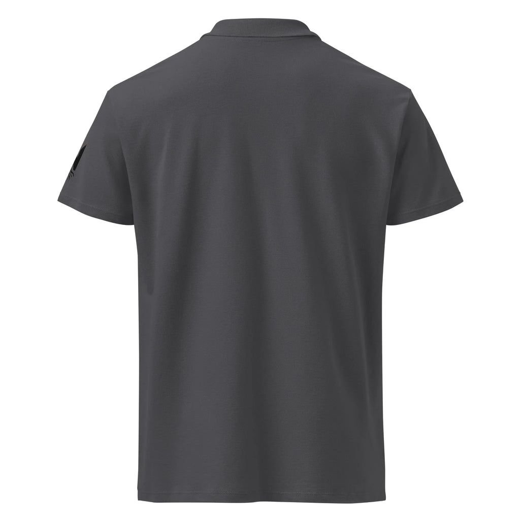 Back view of unisex premium pique polo shirt in mouse grey with short sleeves