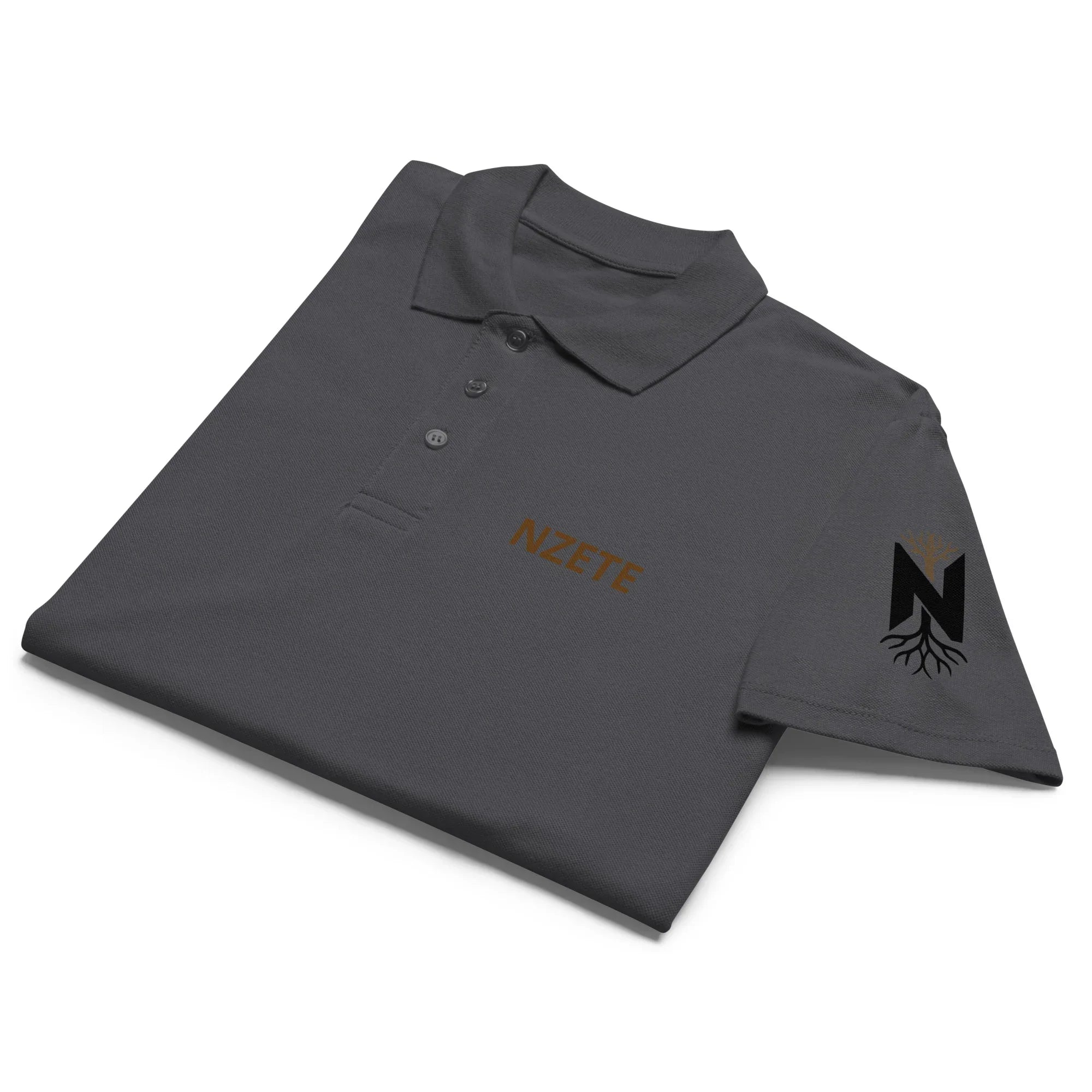 Folded unisex mouse grey premium pique polo shirt with button collar, chest and sleeve logos
