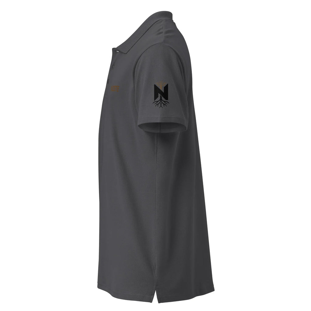 Unisex premium pique polo shirt in mouse grey, side view, with black logo on sleeve