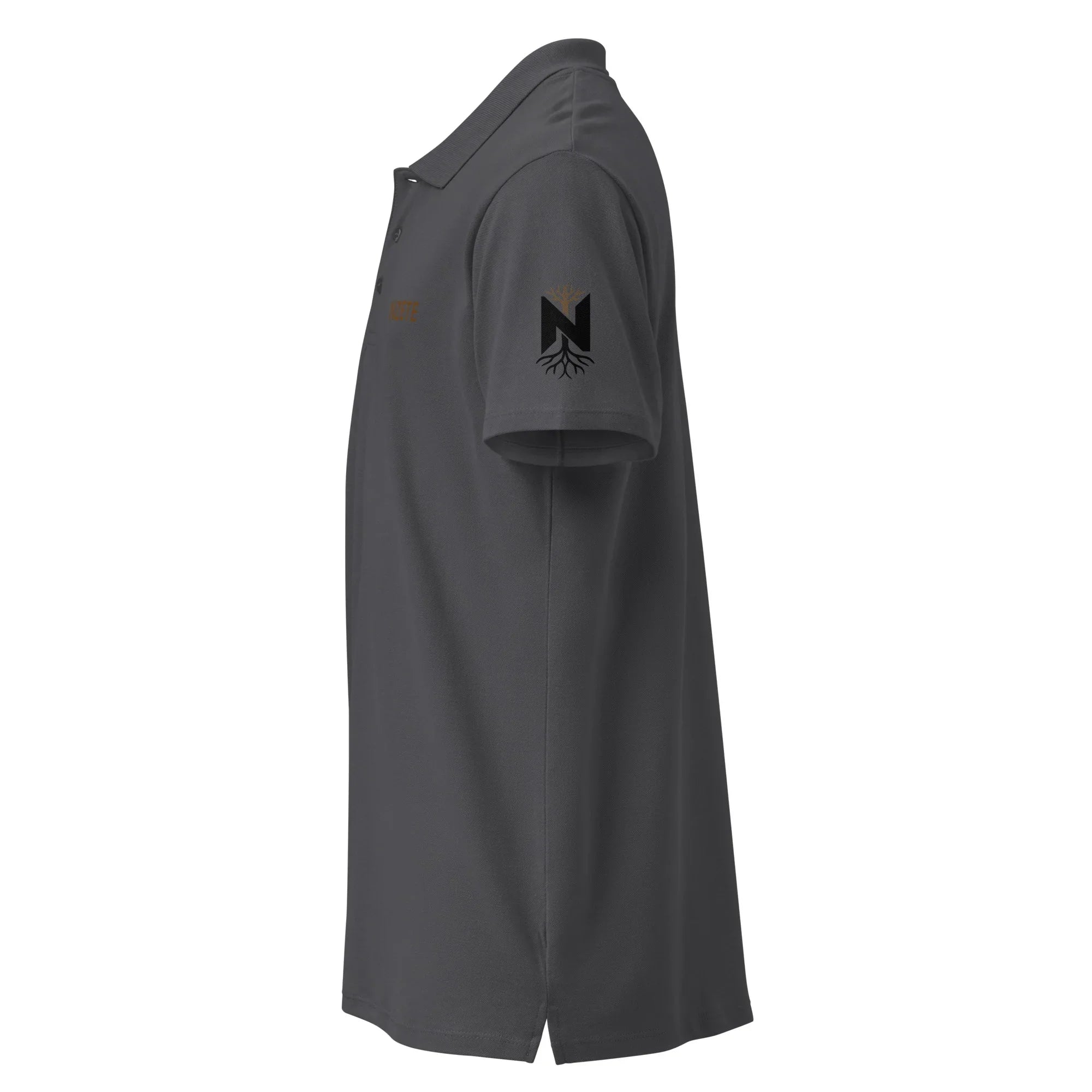Unisex premium pique polo shirt in mouse grey, side view, with black logo on sleeve