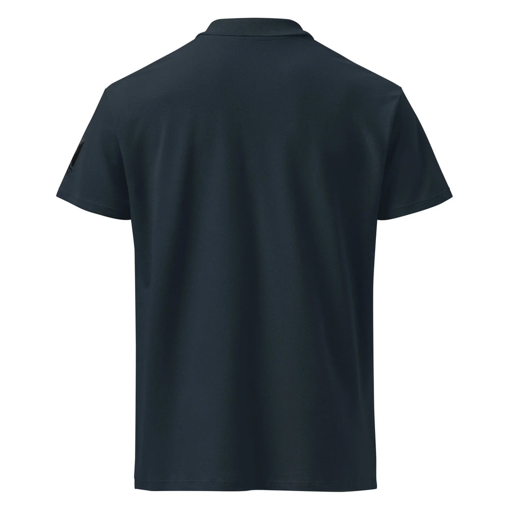 Back view of unisex premium navy pique polo shirt with short sleeves