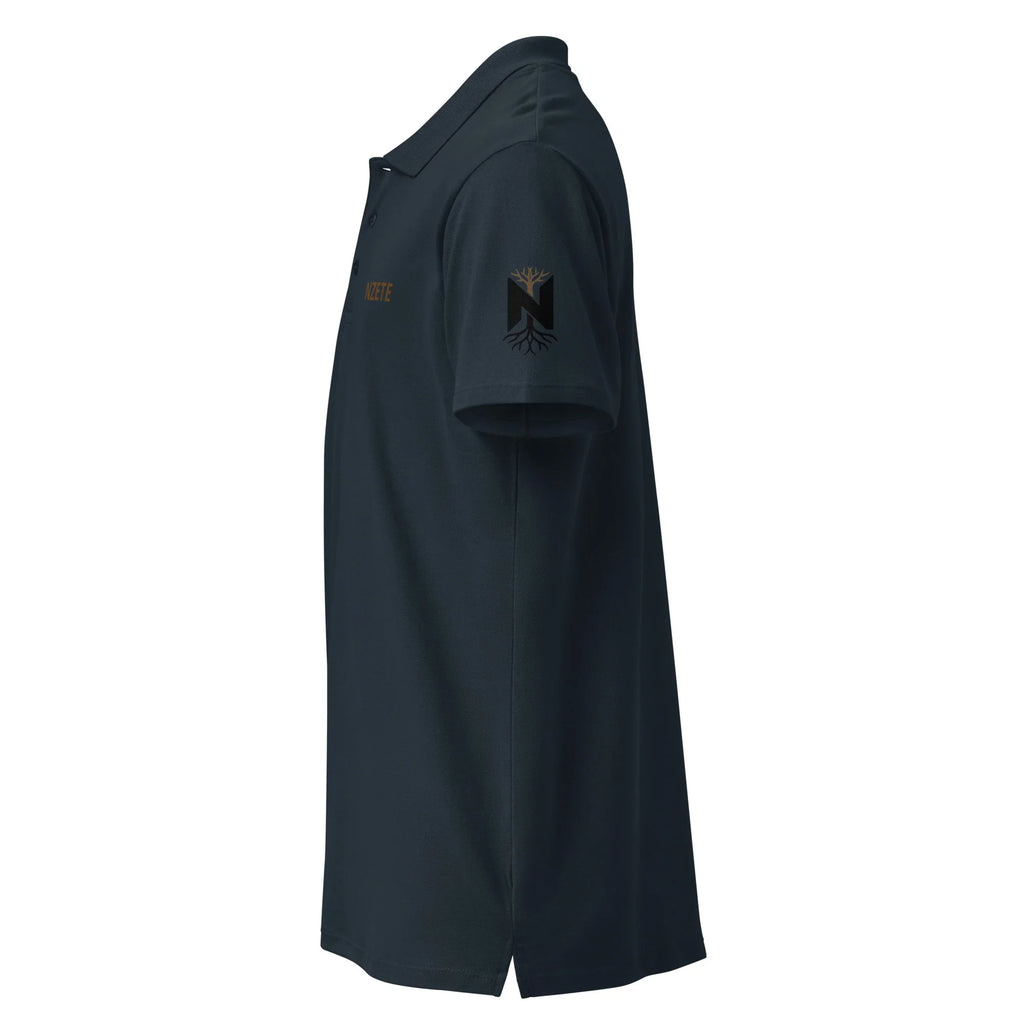 Unisex navy premium pique polo shirt side view with chest and sleeve embroidery