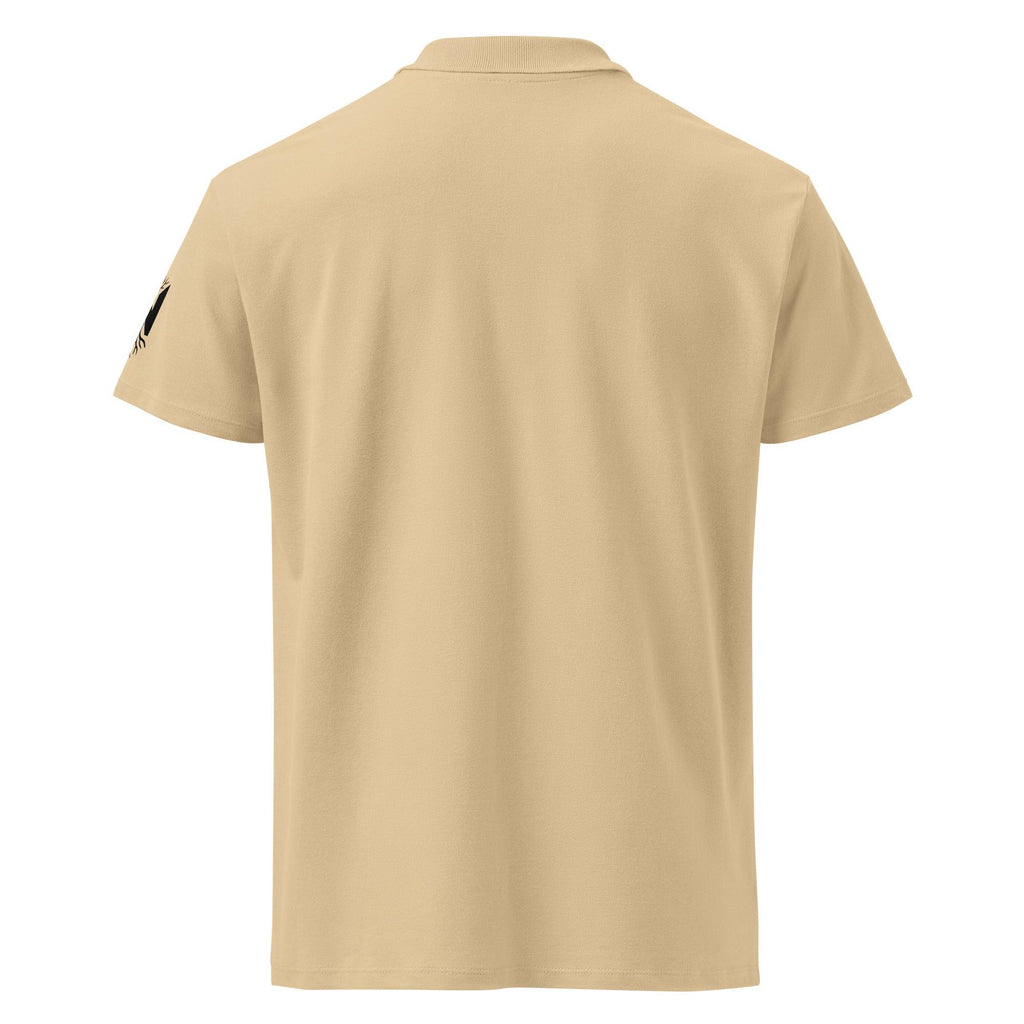Back view of unisex sand-colored premium pique polo shirt with short sleeves
