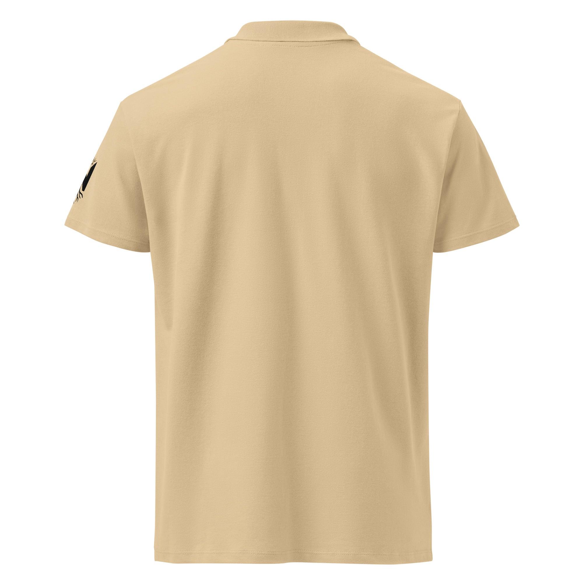 Back view of unisex sand-colored premium pique polo shirt with short sleeves